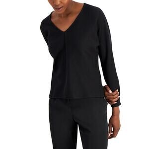 Alfani V-Neck Center Seam 3/4 Sleeve V-Neck Ribbed Knit Black Top Women Sz S